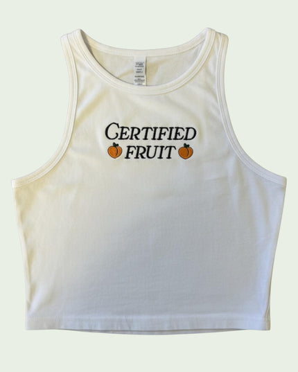 A white crop top with the text "Certified Fruit" printed on it.