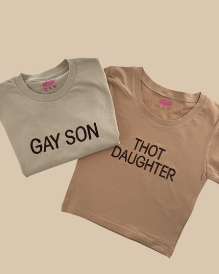 two t - shirts that say gay son, thou daughter