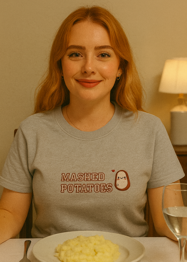 A woman with red hair is sitting at a table with a plate of mashed potatoes in front of her. She is wearing a gray t-shirt with the text "Mashed Potatoes" printed on it.