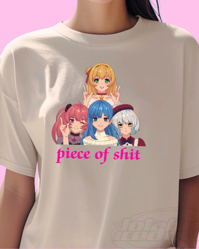 a woman wearing a t - shirt with three anime characters on it