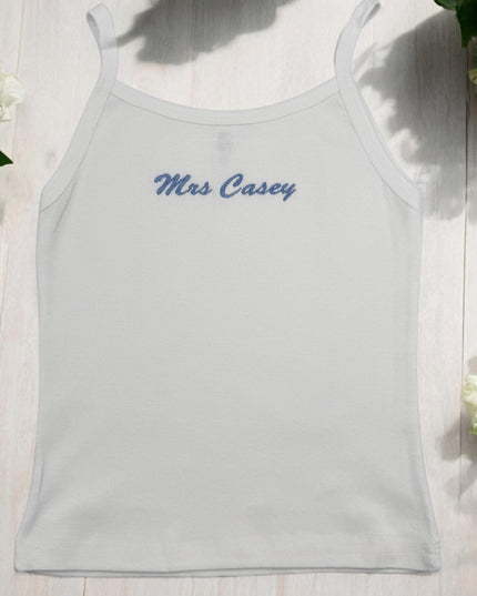 Custom Mrs. Bride Embroidered Spaghetti Strap Tank Top, Premium Mrs Tank, Mrs. Tank Top, Custom Gift for Bride