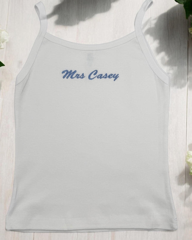 Custom Mrs. Bride Embroidered Spaghetti Strap Tank Top, Premium Mrs Tank, Mrs. Tank Top, Custom Gift for Bride