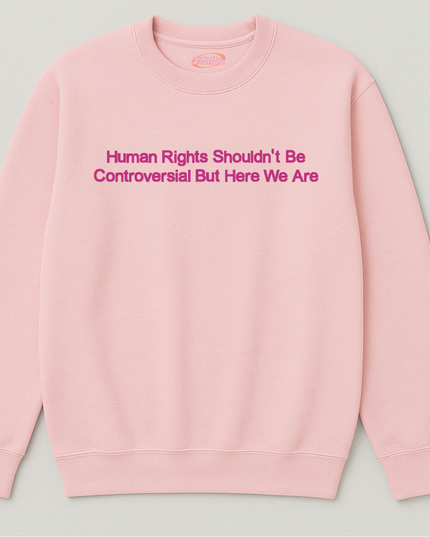 A pink sweatshirt with the text "Human Rights Shouldn't Be Controversial But Here We Are" printed on it.