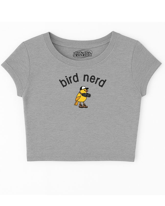 A gray cropped t-shirt with a cartoon image of a yellow bird wearing a hat and holding a camera.