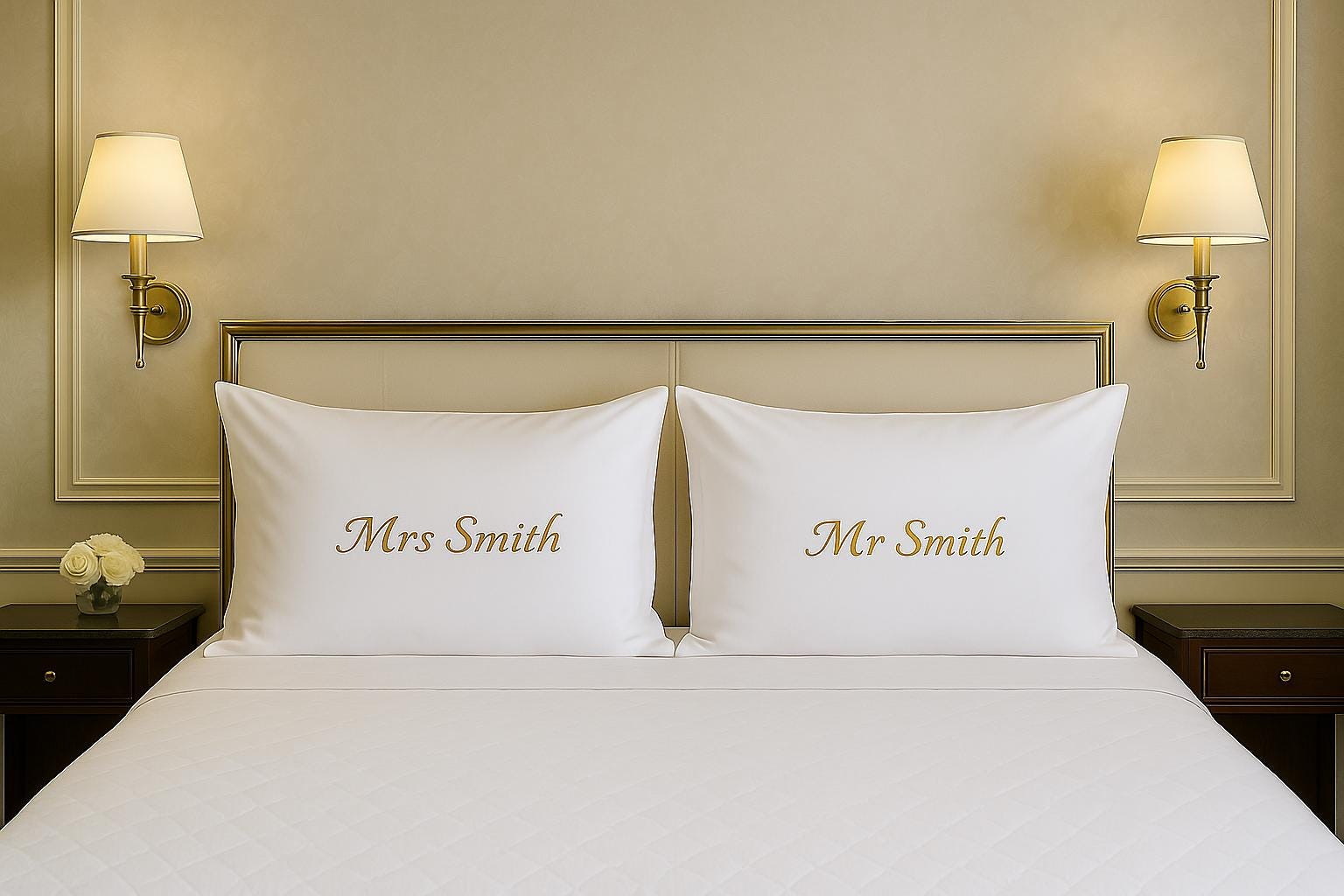 two pillows on top of a bed in a hotel room