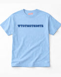 A light blue t-shirt with the text "WYCTMCTSDGT" printed on it.
