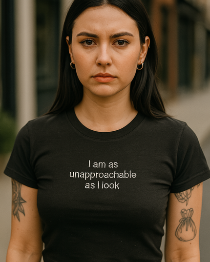 A woman with dark hair and tattoos stands in front of a building, wearing a black t-shirt with the text "I am as unapproachable as I look".