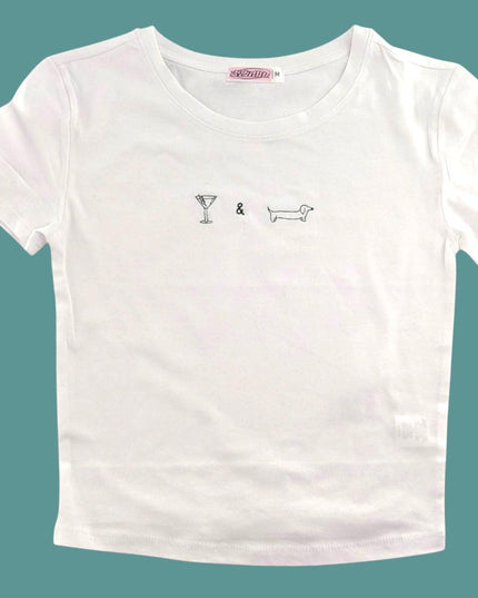 a white t - shirt with a dog and a tree on it