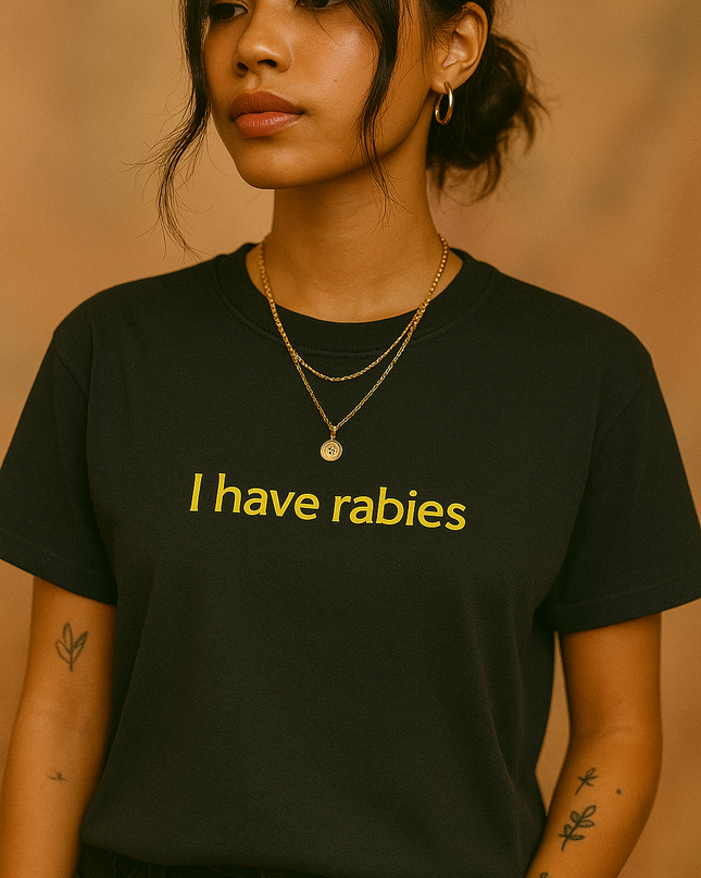 a woman wearing a black shirt with i have rabies written on it