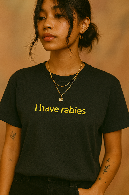 a woman wearing a black shirt with i have rabies written on it