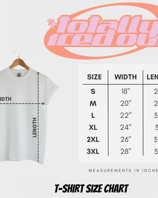 The image is a T-shirt size chart that provides measurements for different shirt sizes, including S, M, L, XL, 2XL, and 3XL. The chart includes a white t-shirt and a pink logo with the text " Totally Iced Out" above it.