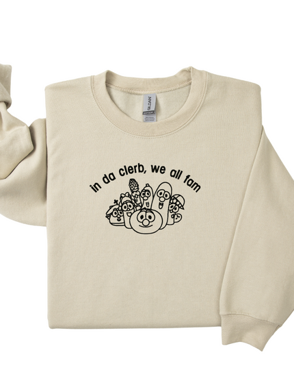 a white sweatshirt with an image of mushrooms on it
