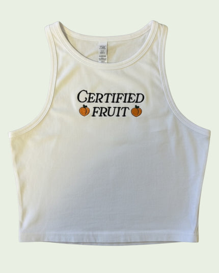 A white crop top with the text "Certified Fruit" printed on it.