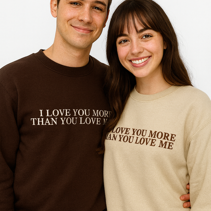 A man and a woman standing next to each other, both smiling and wearing matching sweaters with the text "I LOVE YOU MORE THAN YOU LOVE ME" printed on them.