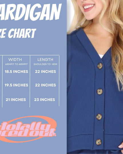 a woman wearing a cardigan size chart