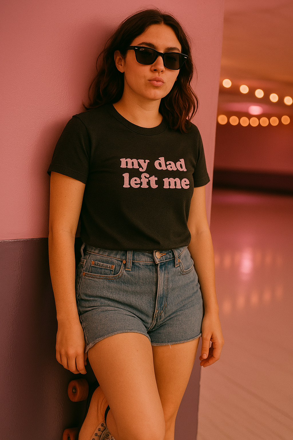 a woman leaning against a wall wearing a t - shirt that says, my dad