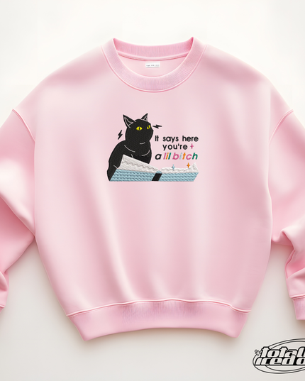 A pink sweatshirt with a black cat graphic and text that says "It says here you're all bitch" printed on it.