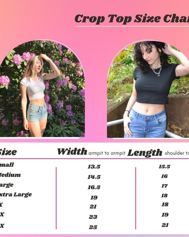 a woman wearing a crop top size chart
