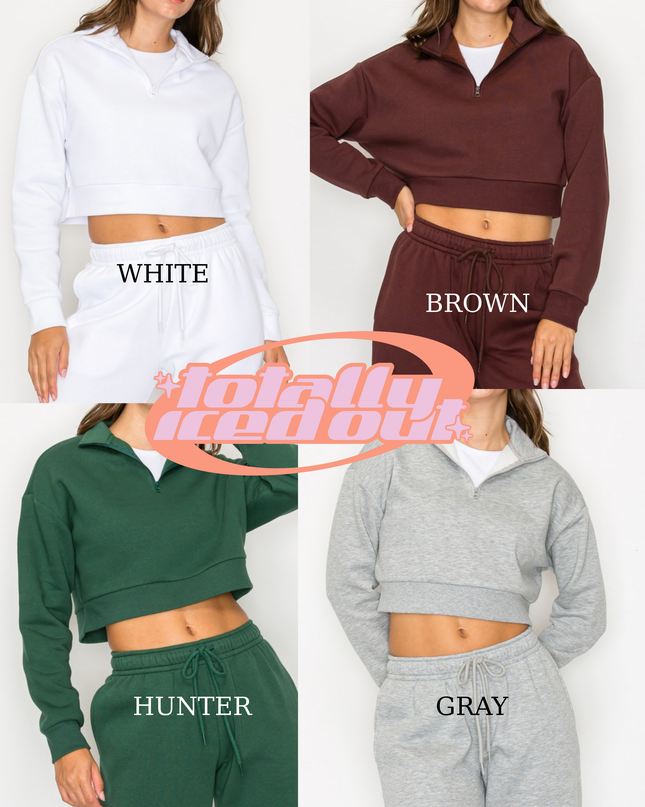 The image is a collage of four different color-coded cropped tops and gray sweatpants, each labeled with a different color.