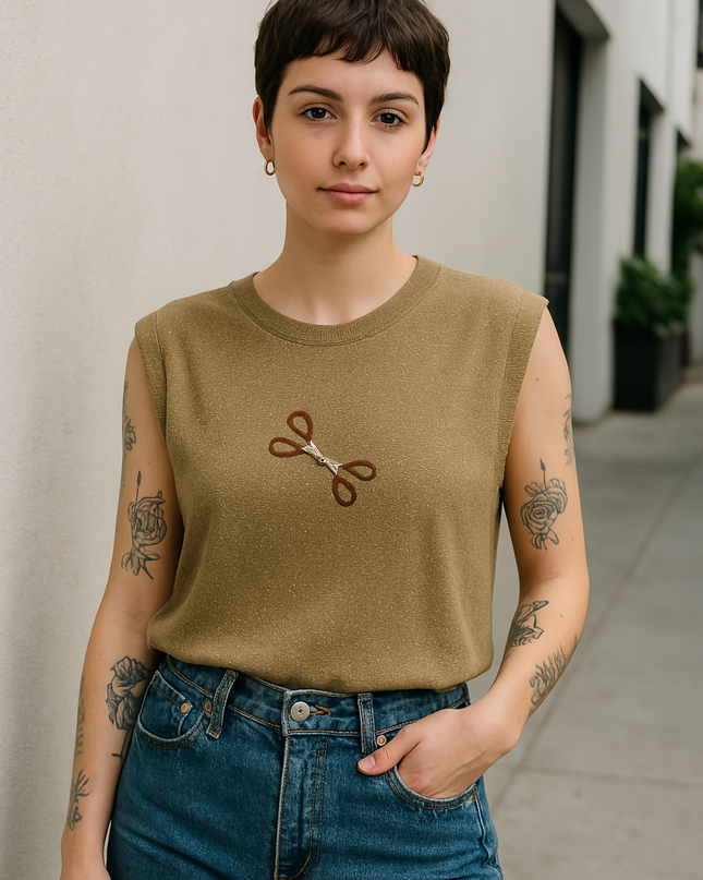 a woman with tattoos standing next to a wall