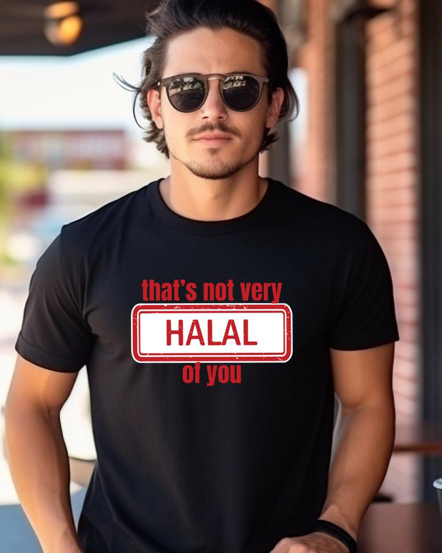 a man wearing a t - shirt that says that's not very hala