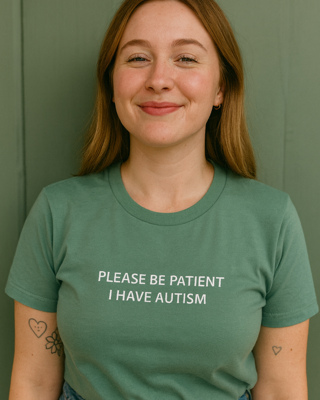 A woman wearing a green t-shirt with the text "PLEASE BE PATIENT I HAVE AUTISM" printed on it, smiling at the camera.