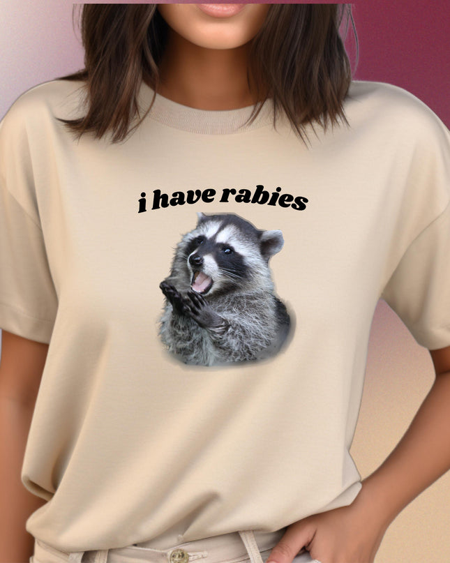 a woman wearing a shirt with a raccoon on it