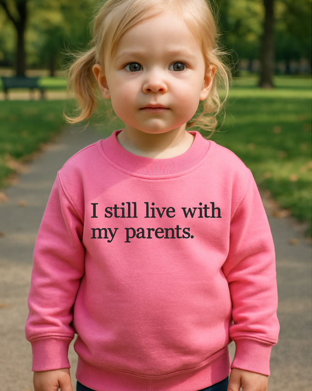 A young girl wearing a pink sweater with the text "I still live with my parents" stands in a park.