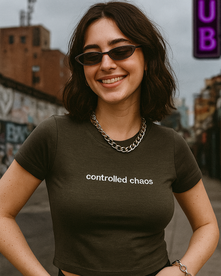 A smiling woman wearing a dark green t-shirt with the text "controlled chaos" printed on it, standing on a city street with graffiti-covered buildings in the background.