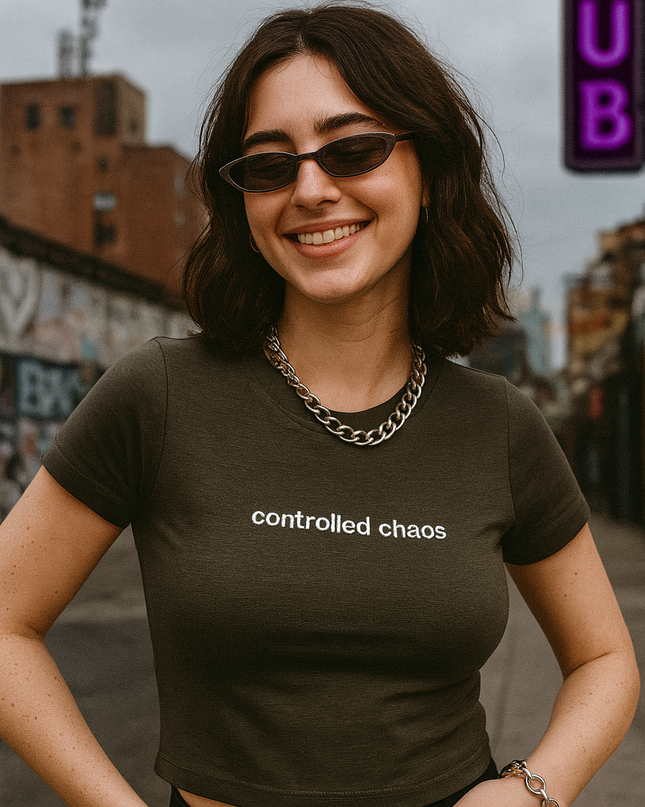 A smiling woman wearing a dark green t-shirt with the text "controlled chaos" printed on it, standing on a city street with graffiti-covered buildings in the background.