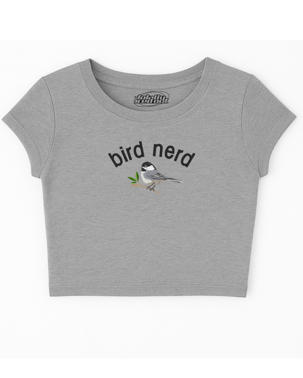 A gray crop top with a graphic of a bird and the text "bird nerd" printed on it.