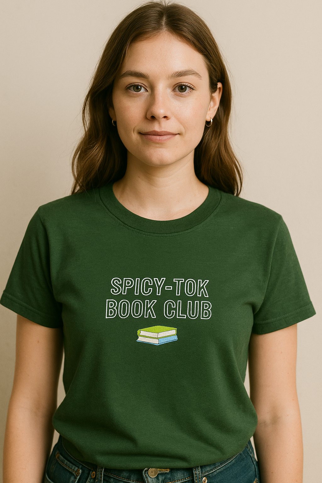 A woman wearing a green t-shirt with the text "SPICY-TOK BOOK CLUB" printed on it.