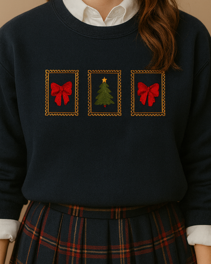 A woman wearing a black sweater with three Christmas-themed embroidered designs on it, including a Christmas tree and two red bows.