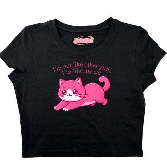 a black shirt with a pink cat on it