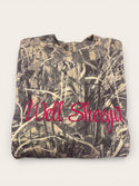 A camouflage-patterned t-shirt with the text "Well Sheeytit" embroidered on it.