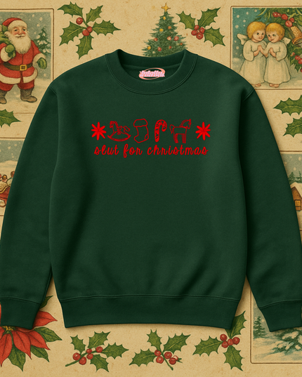 A green sweater with red text and symbols, surrounded by Christmas-themed illustrations and decorations.
