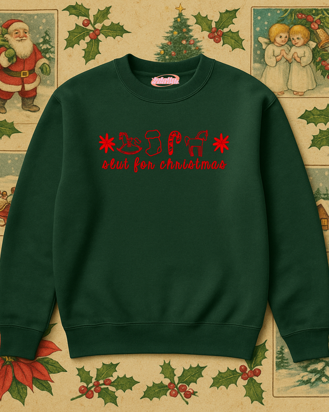 A green sweater with red text and symbols, surrounded by Christmas-themed illustrations and decorations.