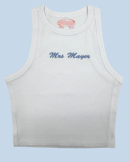 a white tank top with the words miss mayer on it