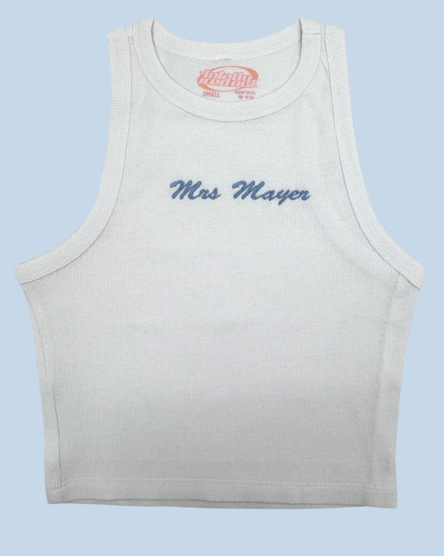a white tank top with the words miss mayer on it