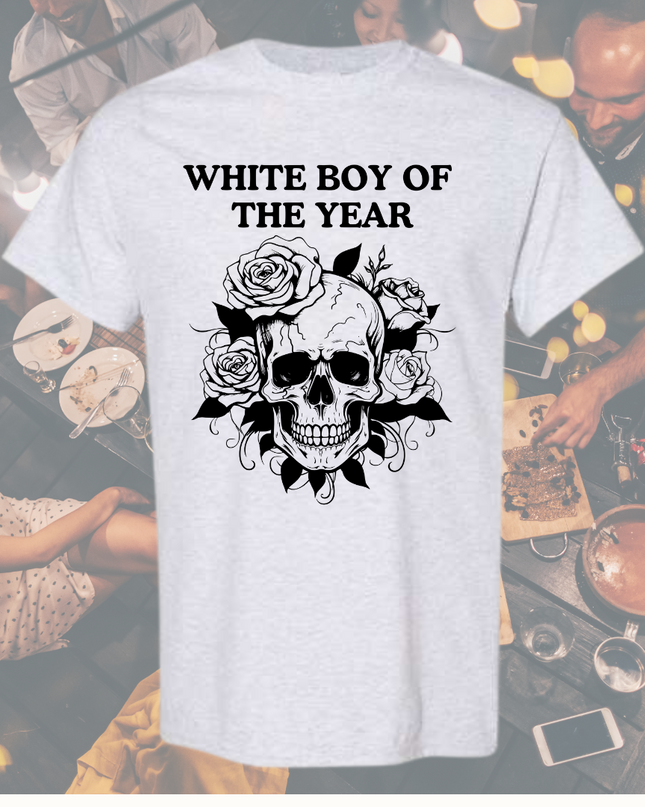 a white shirt with a skull and roses on it