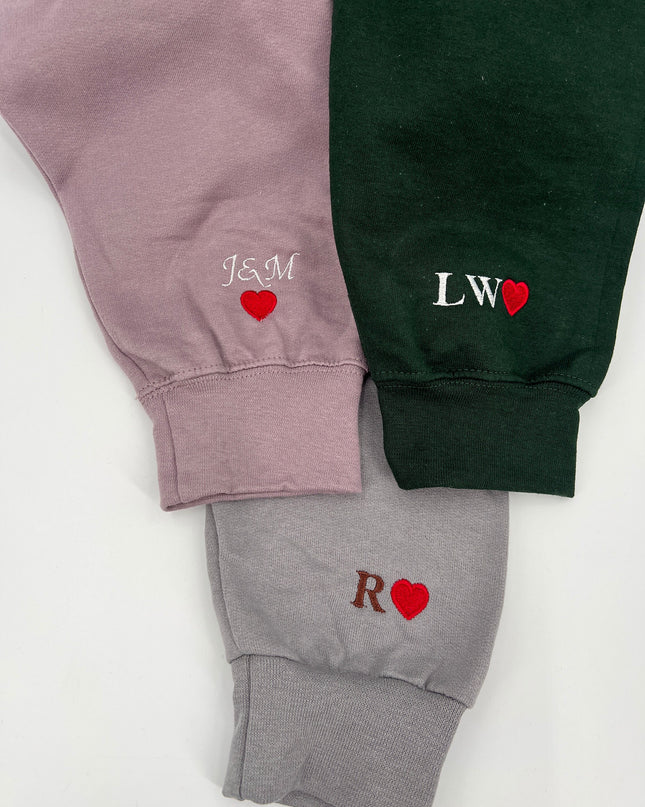 Custom Embroidered Initial Heart Sweatshirt | Couple Crewneck | Personalized Sleeve Sweatshirt | Initial on Sleeve| Sleeve Initial Shirt