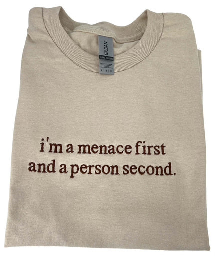 Menace First Person Second Embroidered Unisex T-Shirt or Sweatshirt
