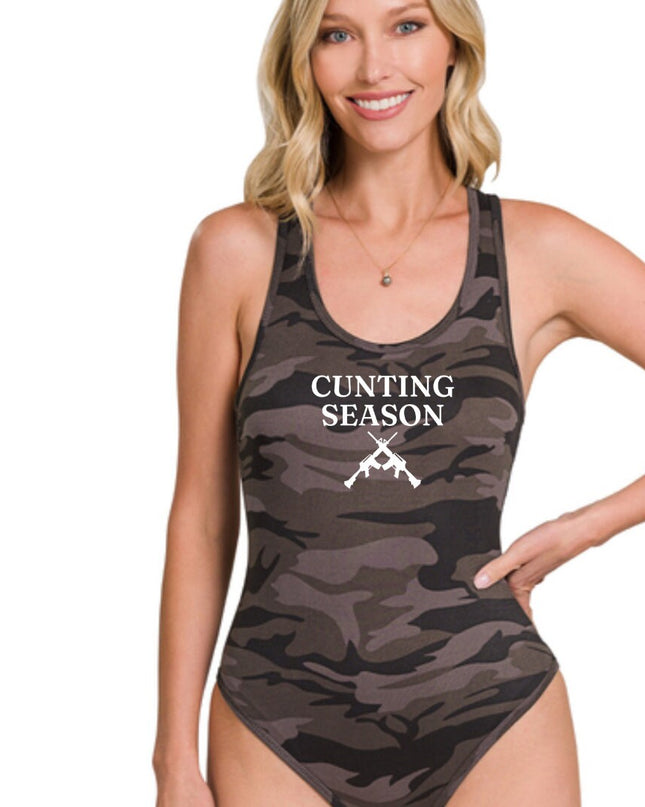 a woman wearing a bathing suit with a hunting season on it
