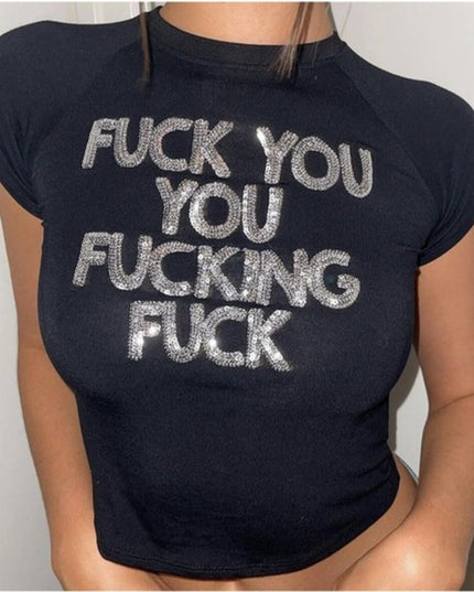 a woman wearing a t - shirt that says fucking f k