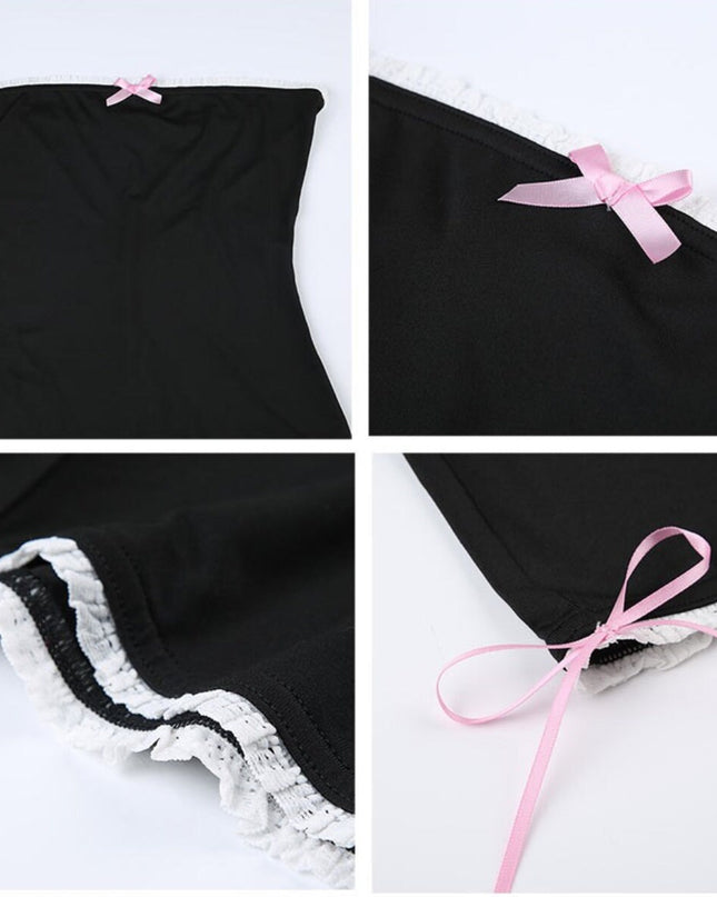 four pictures of a black dress with a pink ribbon