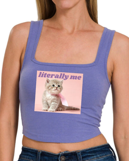 a woman wearing a tank top with a picture of a cat on it