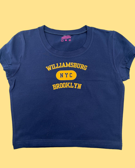 a blue t - shirt with the words williamburg and brooklyn on it