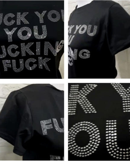 four pictures of a black shirt with white letters on it