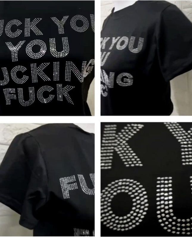 four pictures of a black shirt with white letters on it