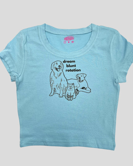 a blue shirt with a dog and cat on it